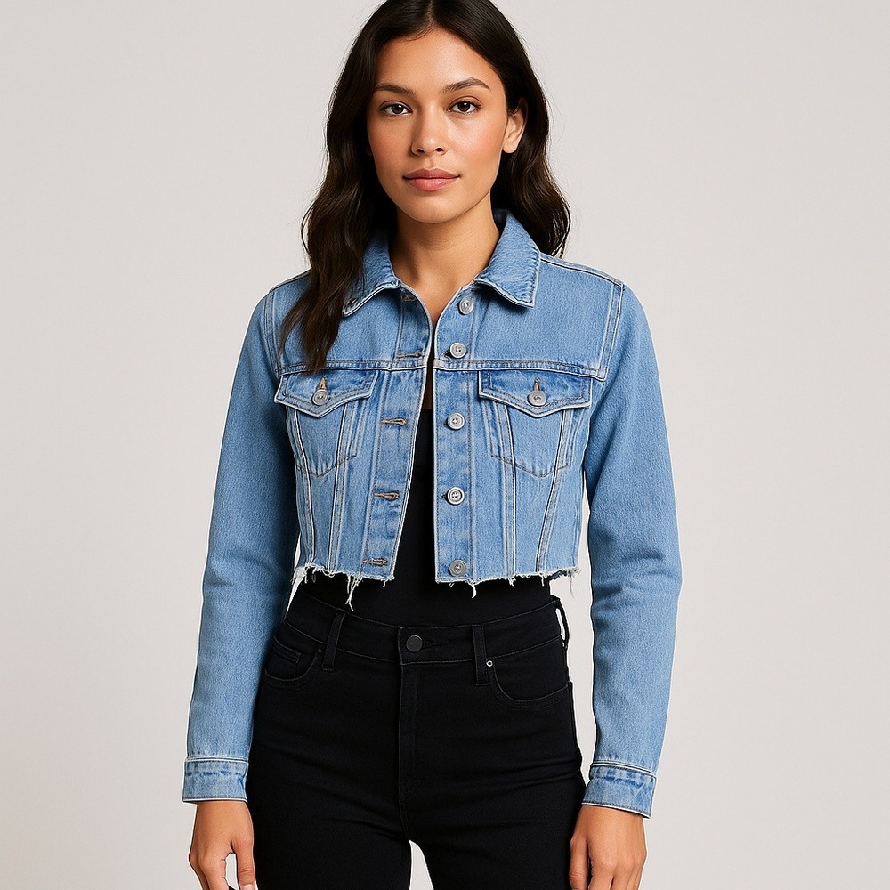 Topshop Women's Cropped Denim Jacket Blue‎ Distressed Raw Hem Size 4
